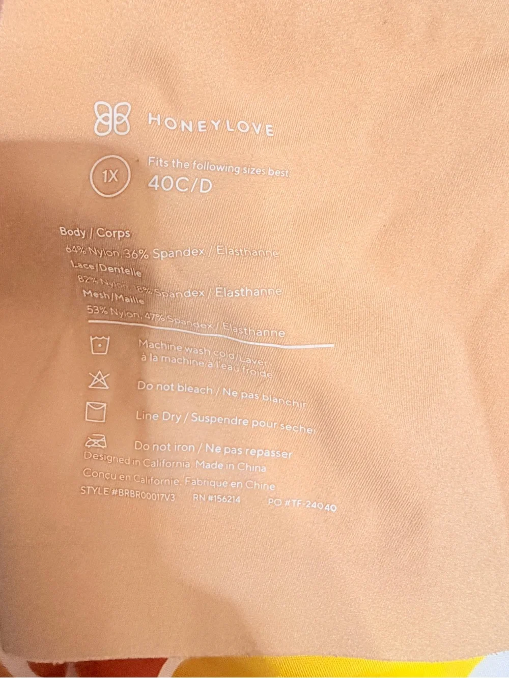 Honeylove Lace Insert Crossover Wireless Bra 40C